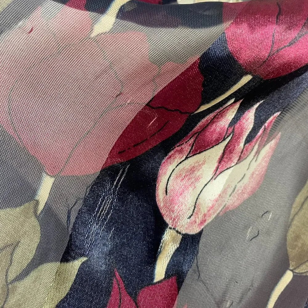 Floral Scarf Tulips Semi-Sheer Stripes Blue Maroon Long‎ Maximalist Artsy Whimsy
